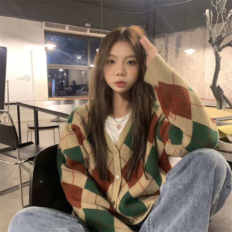 格子柄セーター コート スプリングオータムルーズニットカーディガンスタンダードジャケット レトロ 春物 秋物 試着室71961803644
