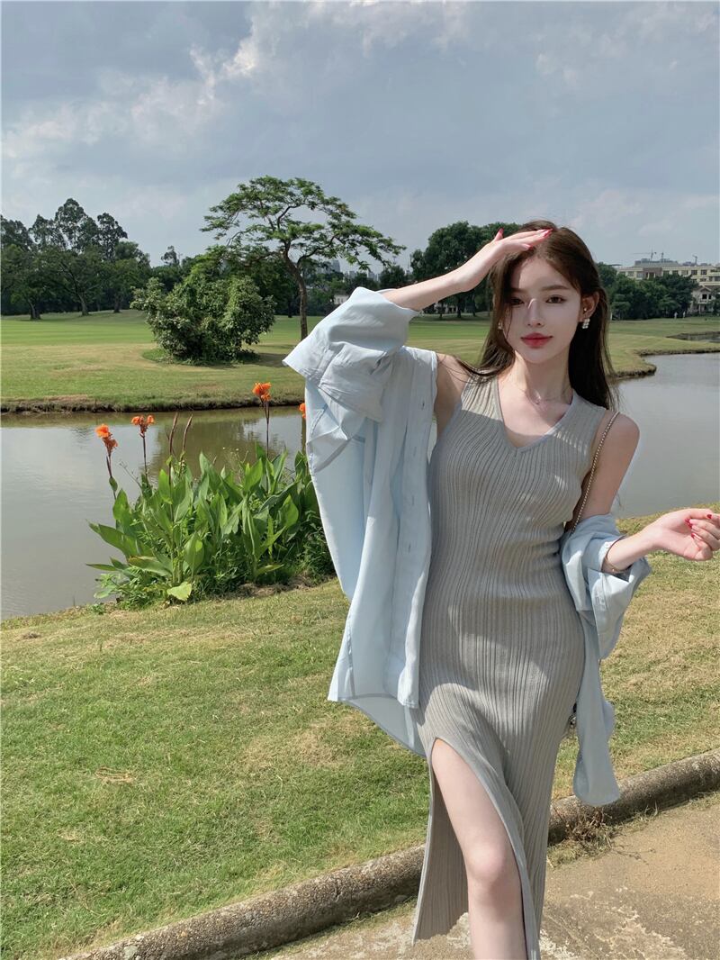 ニットドレス レディースサマー薄手スリットウェストスカート 夏物 ブラックストロベリース6207060605