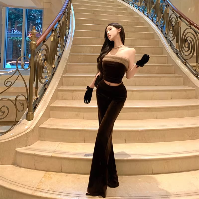 【set】ファー付きチューブトップス×ワイドパンツセット Q7933