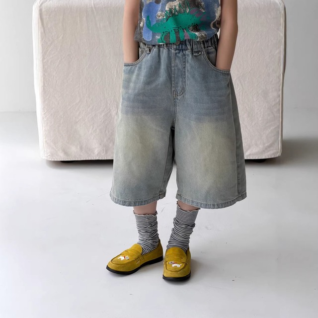 【KID】ウォッシュ加工ゆったりワイドデニムハーフパンツ - 1