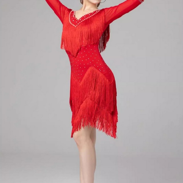 Vネックフリンジデザイン ミッドスリーブドレス ds0092