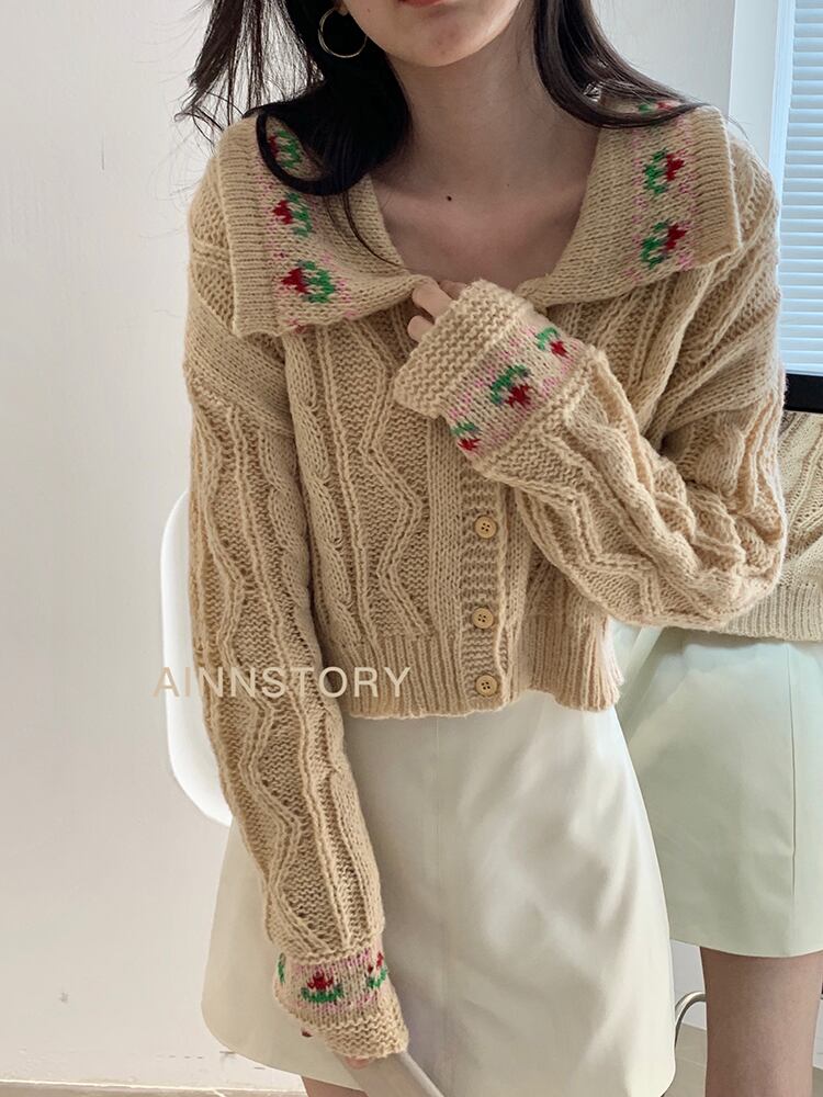 オータムショートセーター ジャケット ルーズ長袖スリーブウールカーディガン ロング 秋物 ビッグFスモールZ韓国67131681172