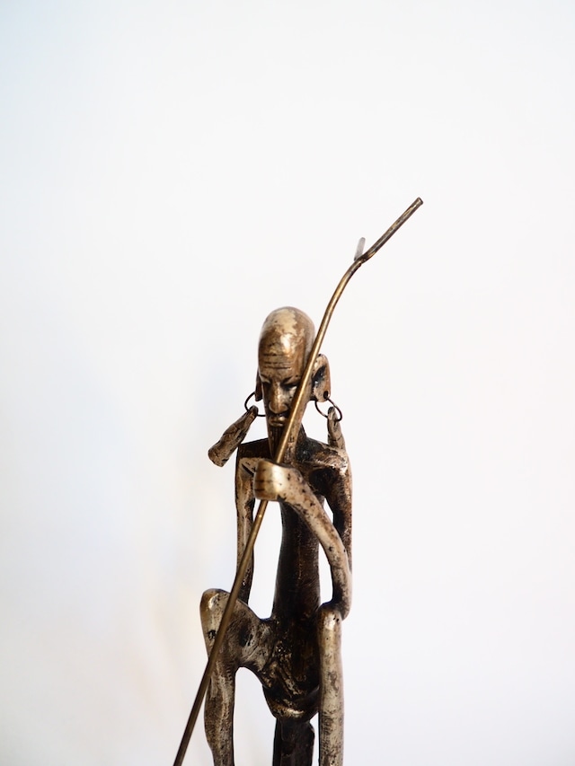 Vintage African Bronze Seated Man With Walking Stick Tribal Figure