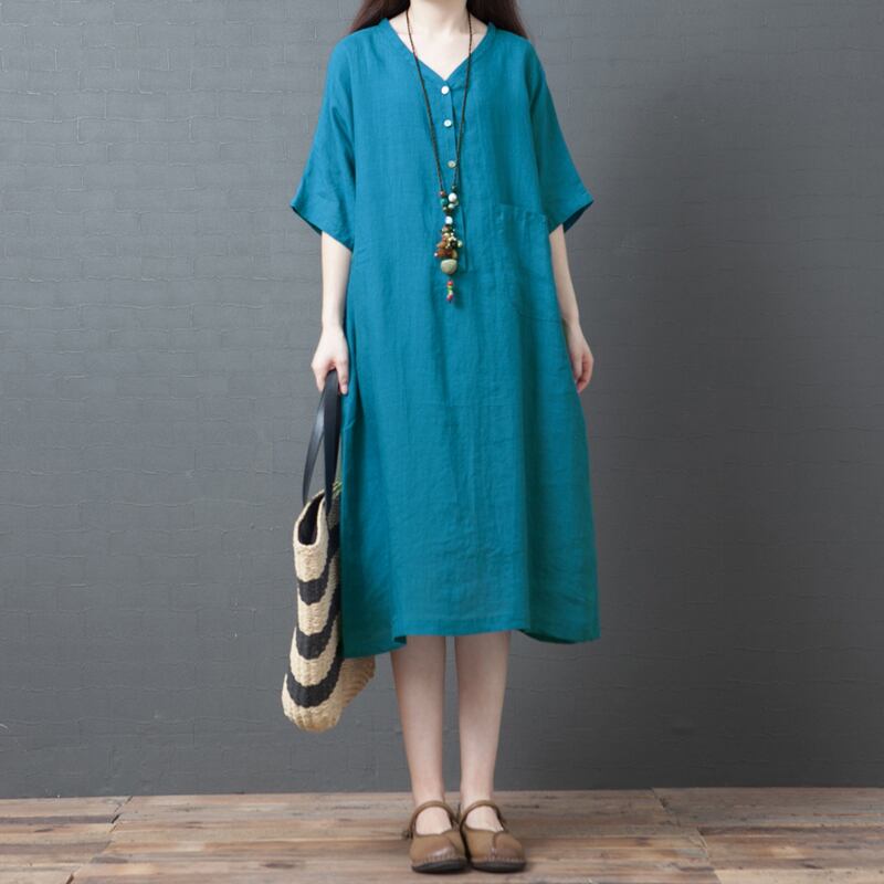 カジュアルワンピース ロング丈ワンピース レディースファション Vネック 五分袖 着痩せ レトロ 普段着 大きいサイズ M L Ll 3l ブルー ブラック ゆったり コットンリネン Elegant