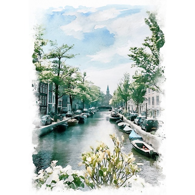 絵画 風景画(街並み) オランダ アムステルダムセ・グラハテン インテリアアート額付き 水彩画・油絵風 WAT0897