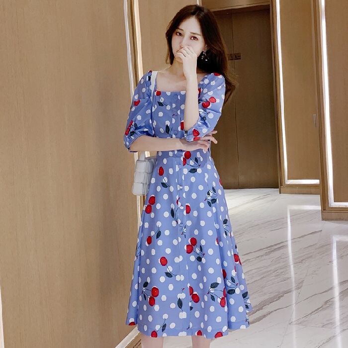 【新作】【送料無料】 マタニティウェア2020夏の新しいシフォンフローラルスクエアネックドレス、トレンディなマザーミドル丈、年齢を減らすマタニティドレス-アリババ サマー 夏物 花柄 スクウェア expec249863113593