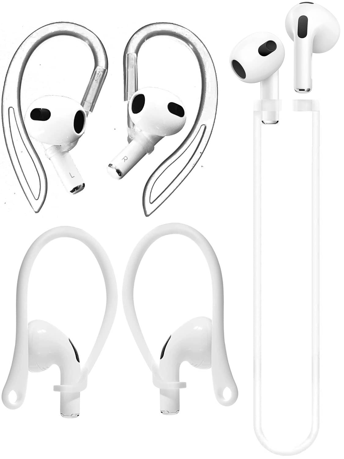 A-Focus AirPods3用紛失・落下防止アクセサリー 3種類セット AirPod 3 用 イヤーフック 2種類 + AirPods3用ストラップ 落ち防止 ズレ解消 紛失防止 Clear/White