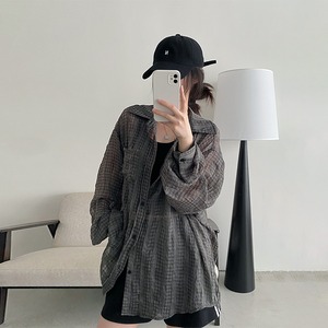sun透け感チェック柄シアーシャツ