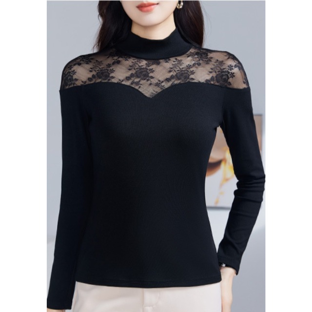 レース モックネック シースルー トップス 1col　D00429