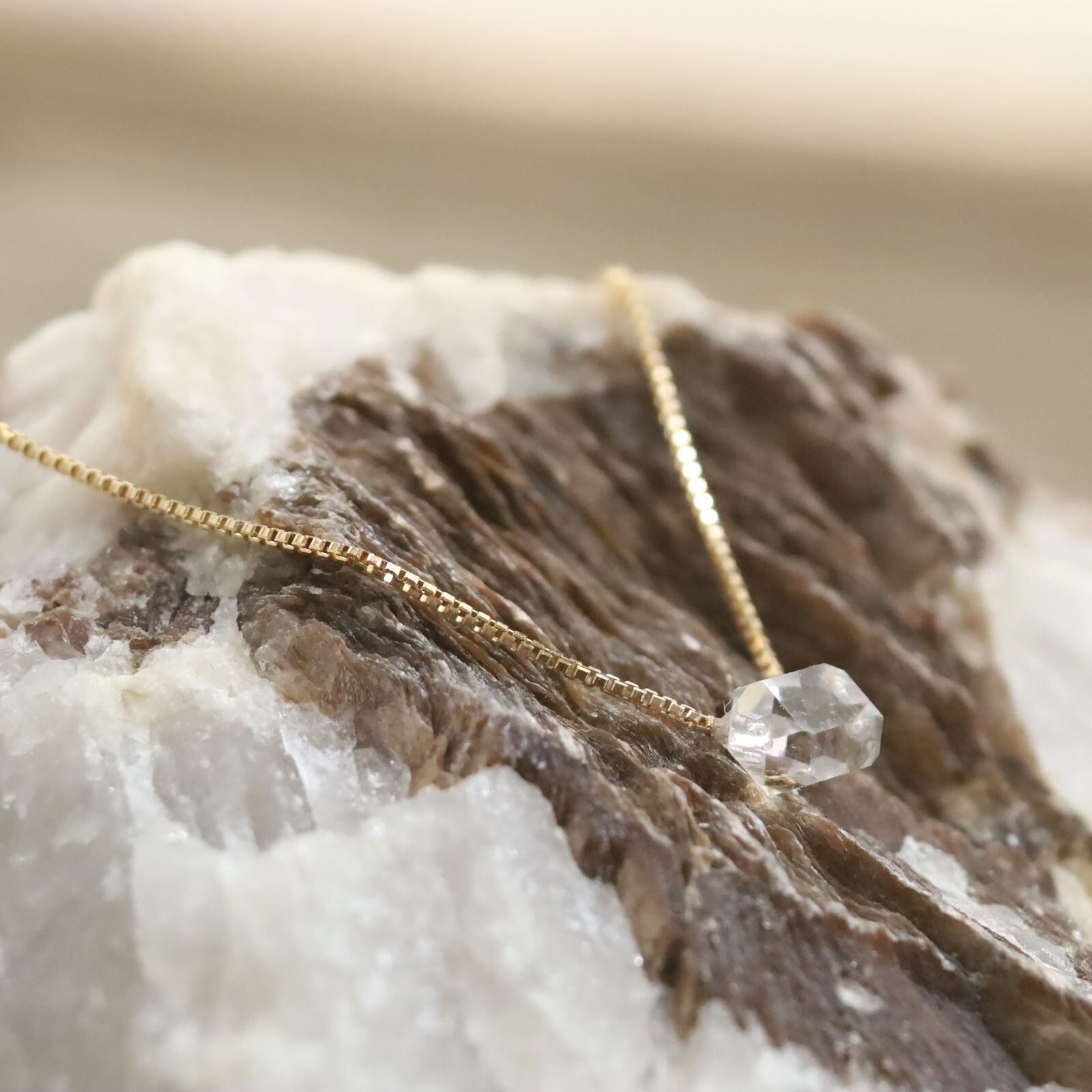 ニューヨーク産ハーキマーダイヤモンドの一粒ネックレス HerkimerDiamond Necklace K10YG