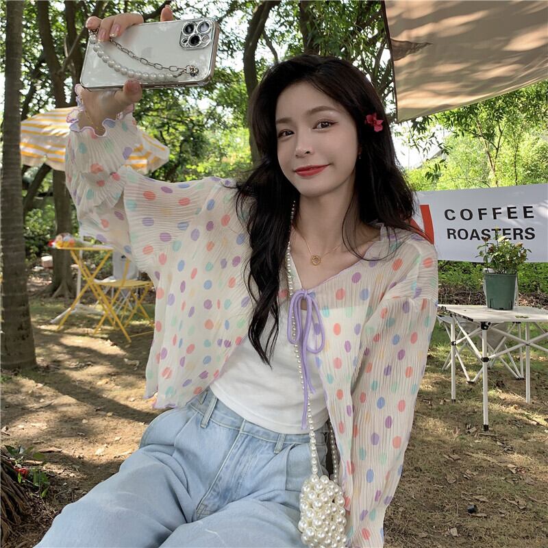 長袖スリーブシフォンシャツ サマーカラー水玉薄手カーディガントップス レディース ロング 夏物 YY-ファッション96900424578