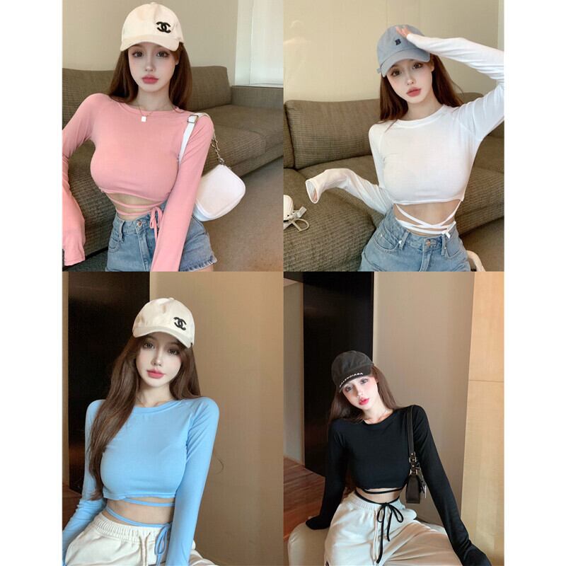 ウェストソリッド カラーラウンドネックショートトップス オータムシャツ Tシャツ ロング ストリート 秋物 Oネック ソリッドカラー ガールズファッション31726002795