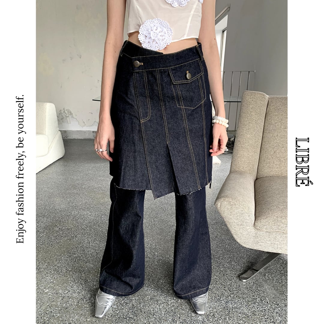 layered wrap skirt wide-leg denim pants L0567