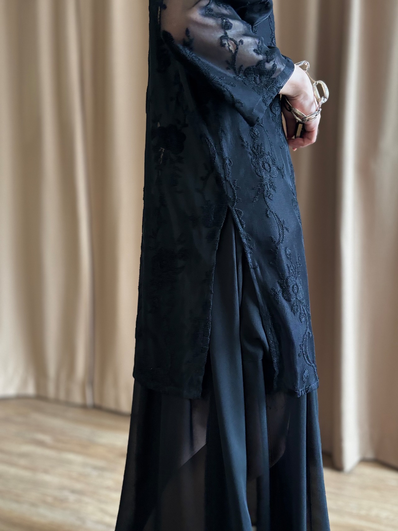 black floral lace sheer long shirt-5315-7