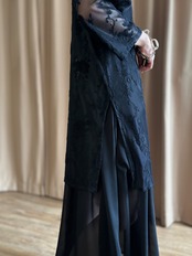 black floral lace sheer long shirt-5315-7