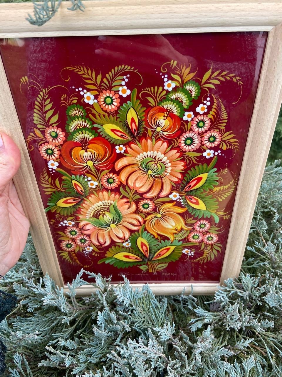 花】ペトリキフカ塗り 壁掛け手描きアートパネル（ティモシェンコ作