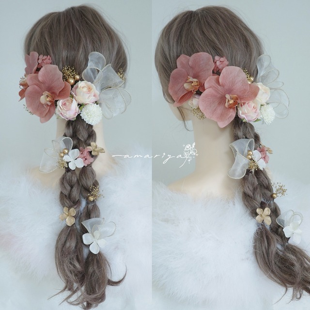 髪飾り　胡蝶蘭ベージュピンクとピーチマーブルローズ