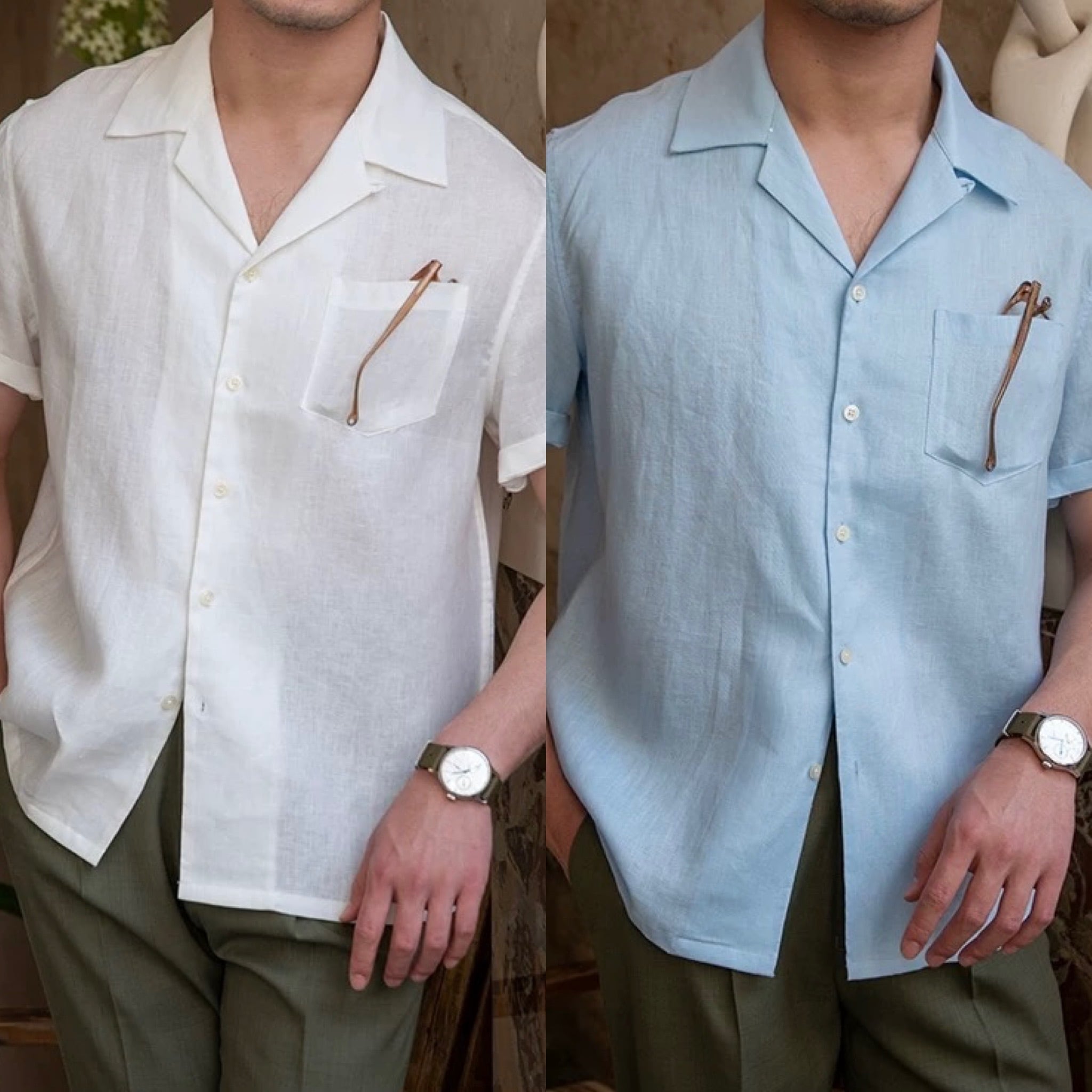 オープンカラーリネンシャツ【半袖】