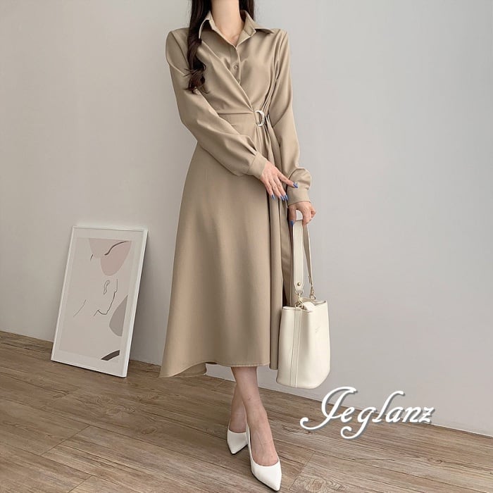 3色 デザイン シャツ ワンピース 共ベルト きれいめ シンプル派(MB011)γ