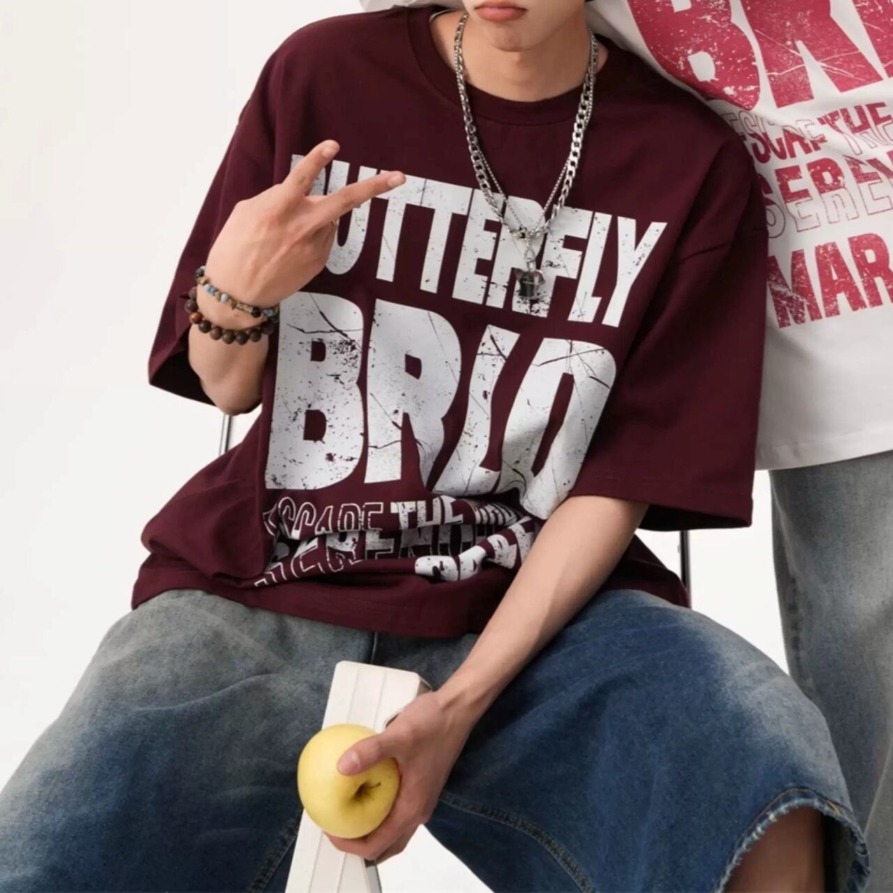 ディストレストロゴボリュームシルエットTシャツ 4col   A00129