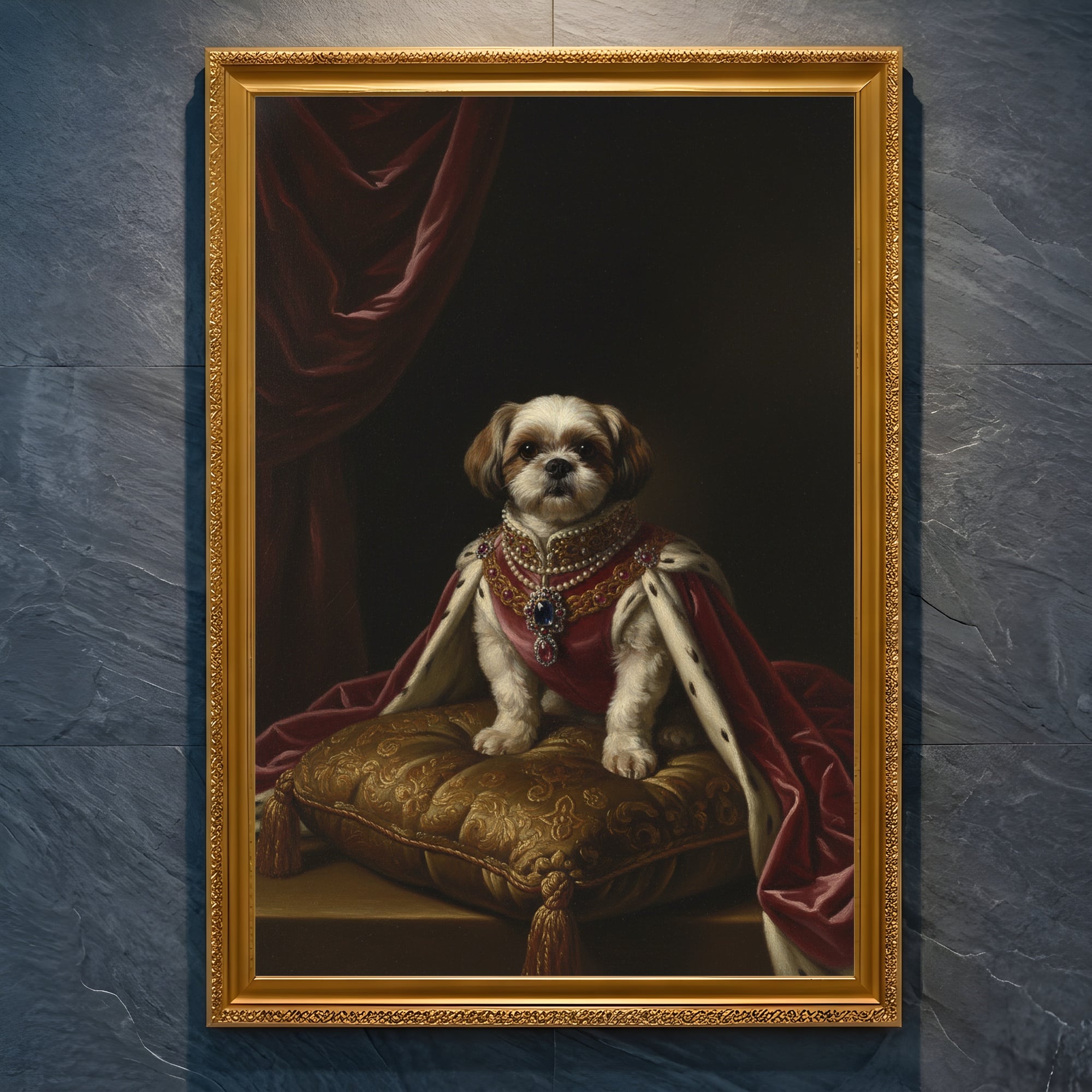 犬（シーズー）のルネサンス風肖像画 油絵風アートA4金縁額装