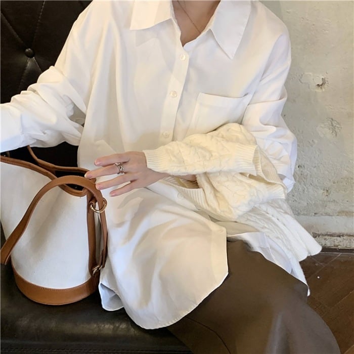 スタンダードスタイルルーズホワイトシャツ スプリングブラウス ジャケット トップス ロング レトロ 春物 モンロー88691643241