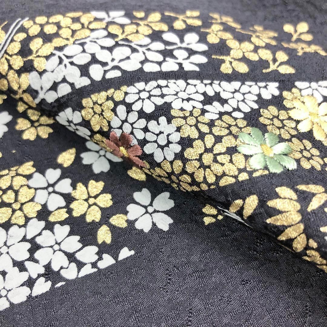 付下げ 光彩友禅 陶彩箔 花柄刺繍 青褐色 ガード加工 しつけ糸 K- 付下げ 光彩友禅 陶彩箔 花柄刺繍 青褐色 ガード加工 しつけ糸 K-