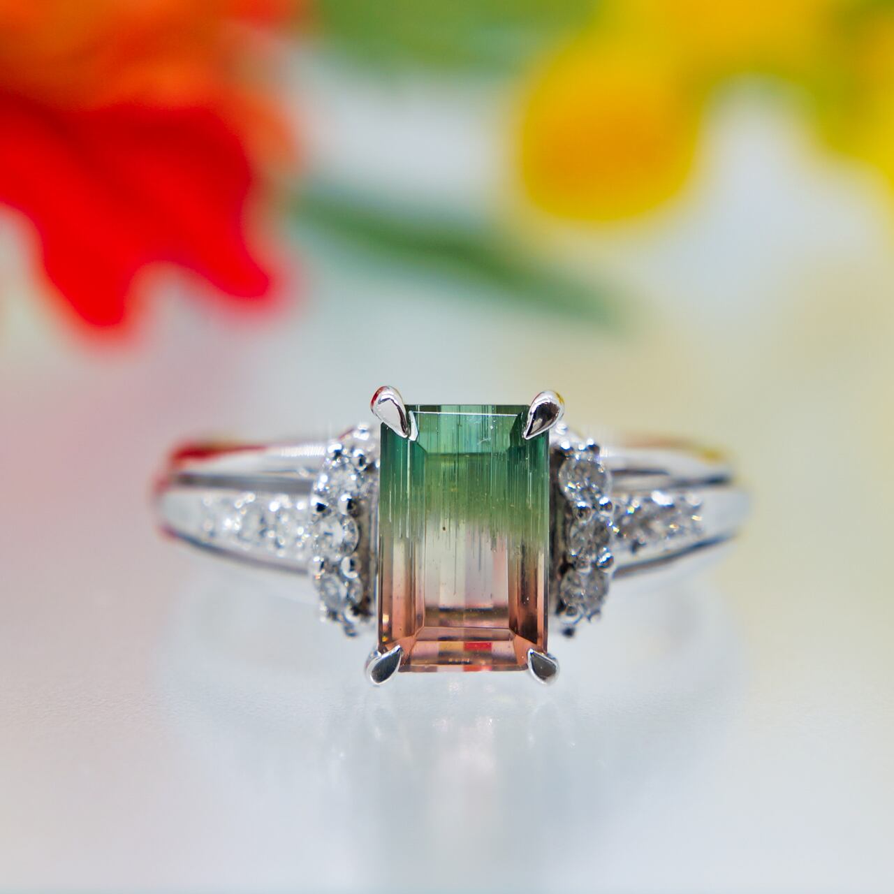 Pt900 Bicolor Tourmaline Diamond Ring (バイカラートルマリン 