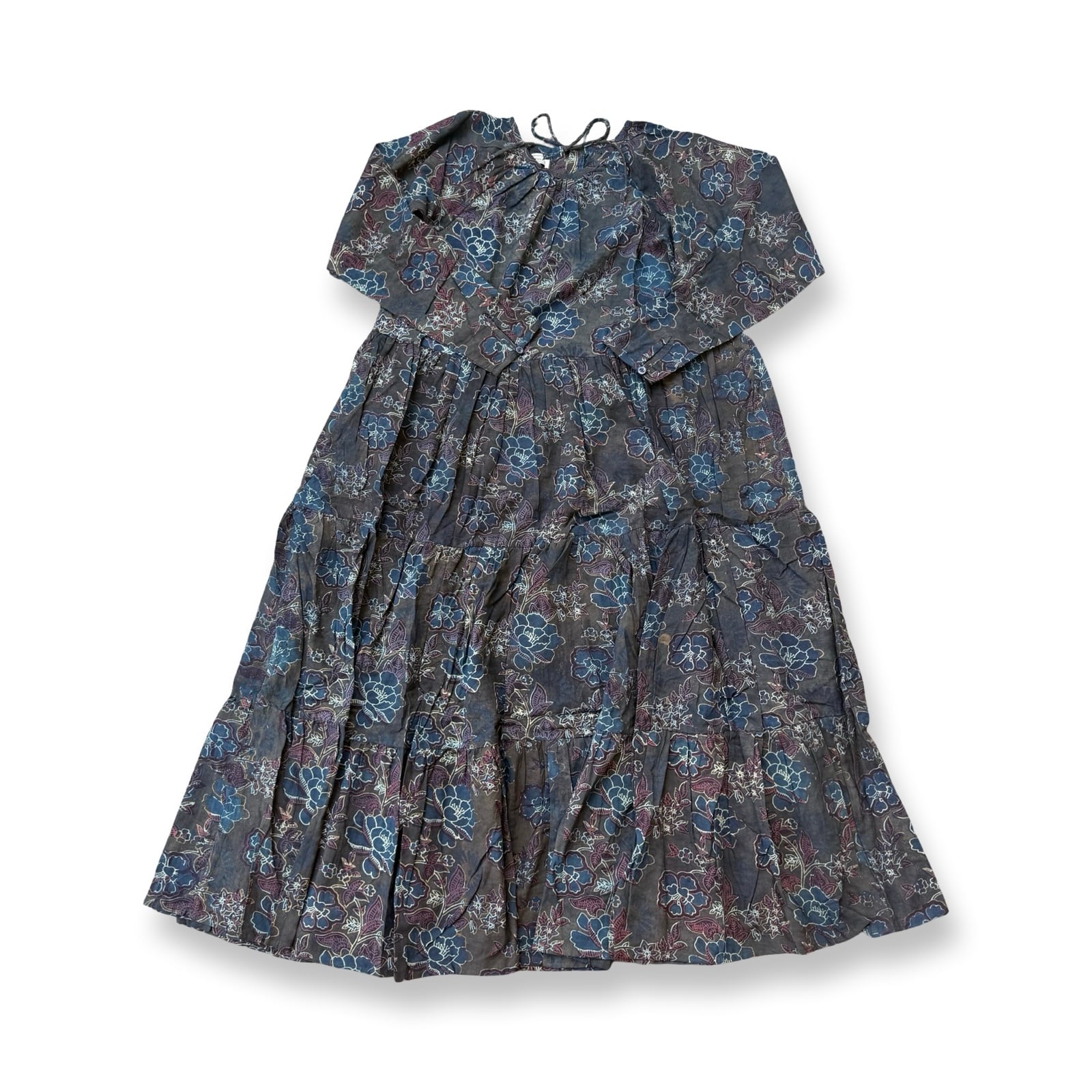 saruche ブロックプリント Raglan ギャザーワンピース Ajrakh Charcoal