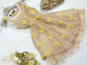 ★送料無料★9号（Ｍ)★フェイクパール飾り蝶の刺繍がキュートなシルクのワンピース(OPN9901)