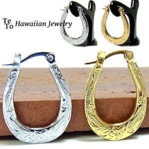 【ハワイアンジュエリー / HawaiianJewelry】 オーバルフープピアス【片耳用】スチールシルバー/イエローゴールド プルメリア スクロール (ges8141)