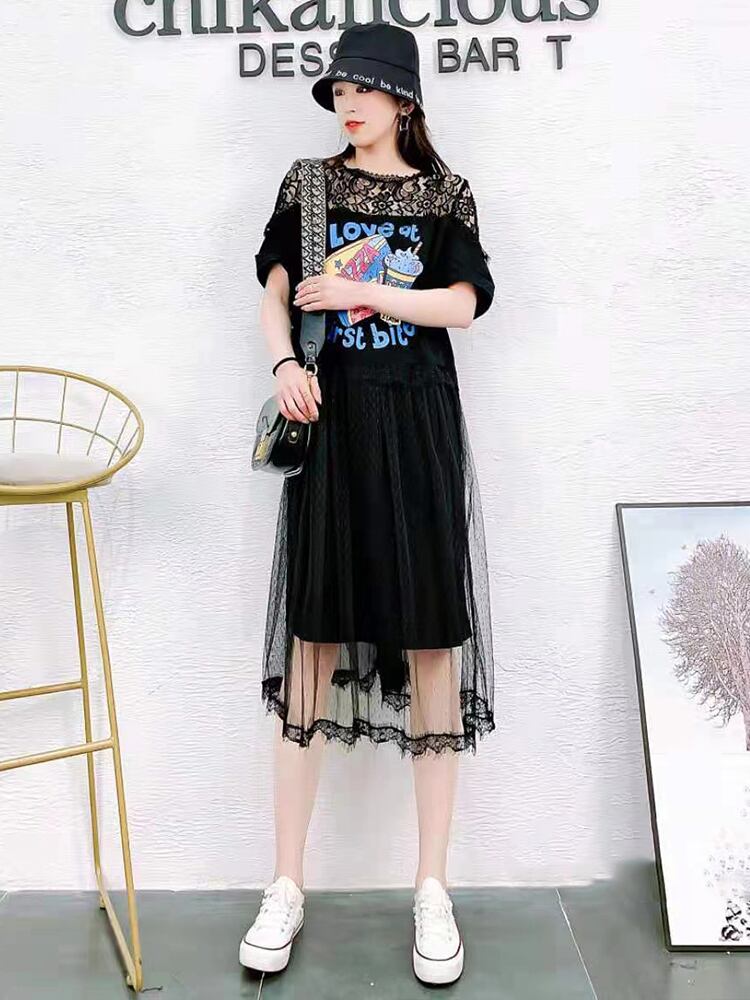 カジュアルルーズスカート ラウンドネックパターン刺繍メッシュドレス Oネック ステッチ ミックスインファッション7699328708