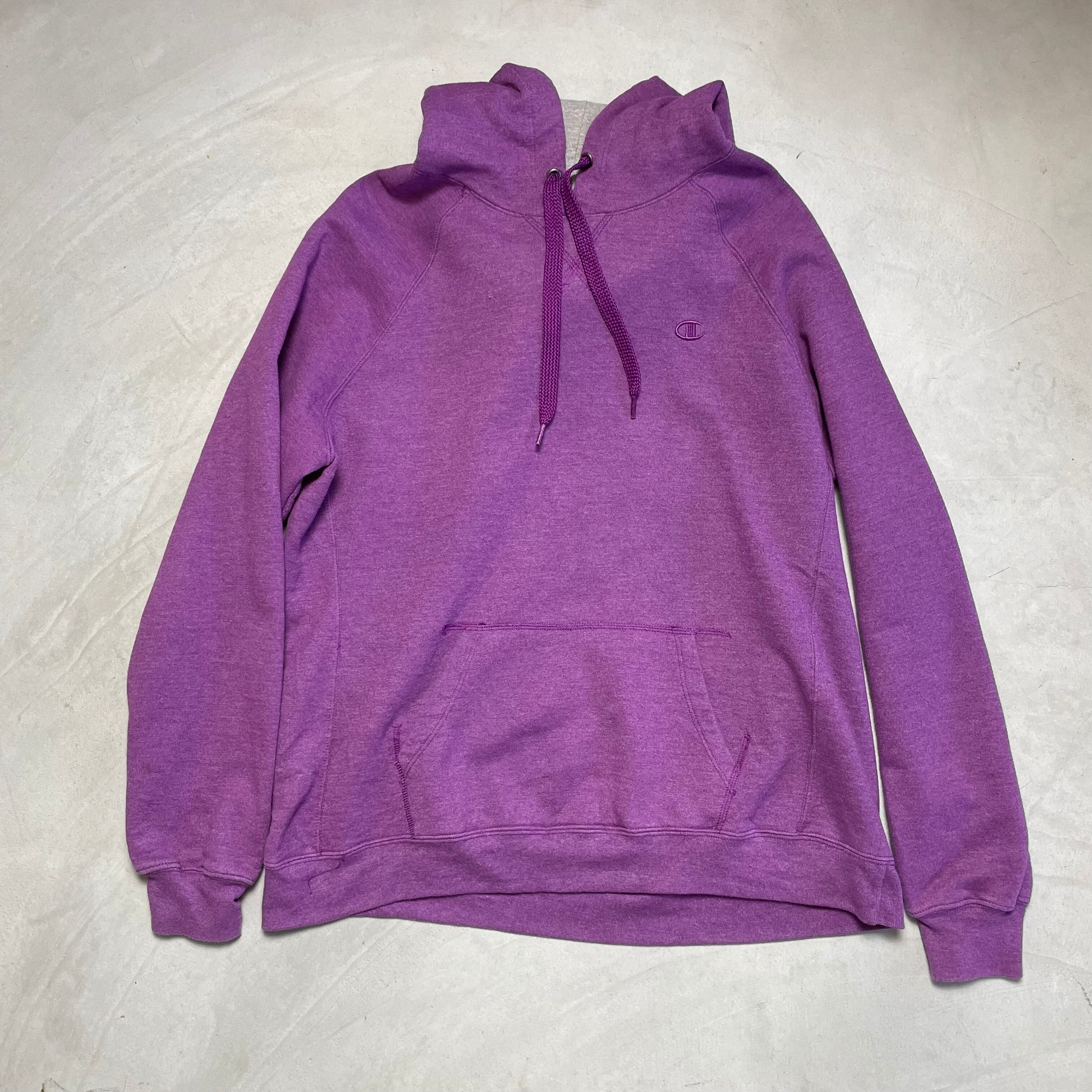 Champion チャンピオン ワンポイント 刺繍 ロゴ スウェットパーカー メンズXⅬ 古着 プルオーバー トレーナー パープル 紫色【パーカー】