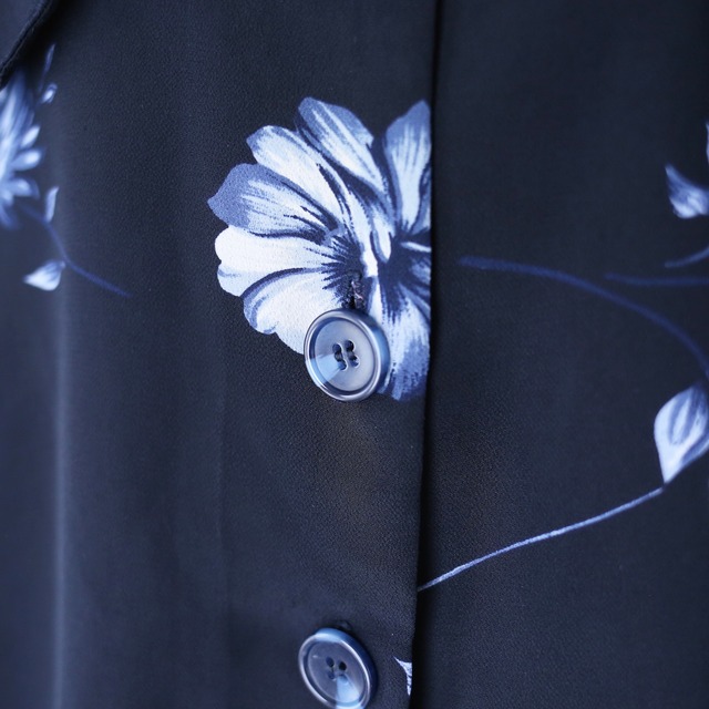 "花柄" black base blue flower pattern box silhouette open collar h/s shirt