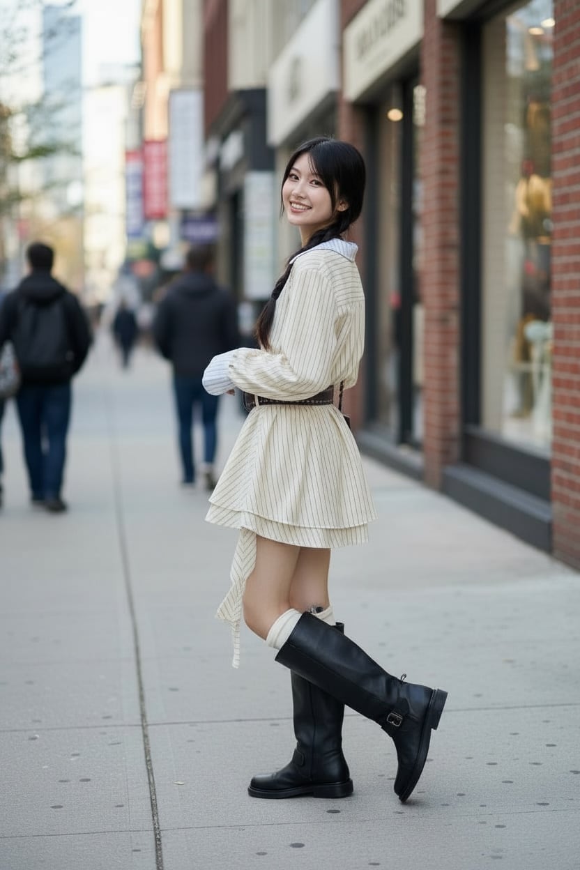 【レトロスクール】ストライプ柄・リボンタイ付きフレアミニワンピV05052