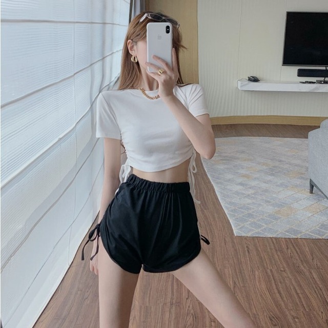 ショートハイウェストギャザーTシャツ サマーホワイトラウンドネックトップス 夏物 Oネック Xiaofeijia40161235570