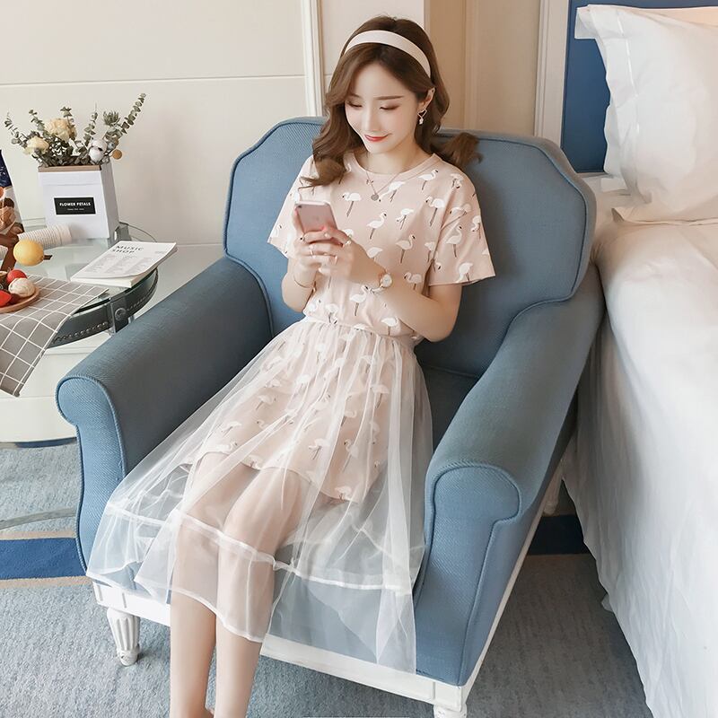 【新作】【送料無料】 2020年夏の印刷マタニティ看護服セット半袖母乳育児コットンドレス+メッシュスカートツインセット授乳 ショート ハーフスリーブ サマー 夏物 AL expec395513936707