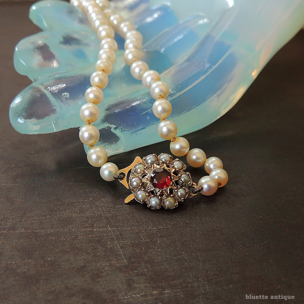 アンティークジュエリー 9ctゴールド アコヤ真珠 天然ロードライトガーネット ネックレス(ソーティングメモ付)