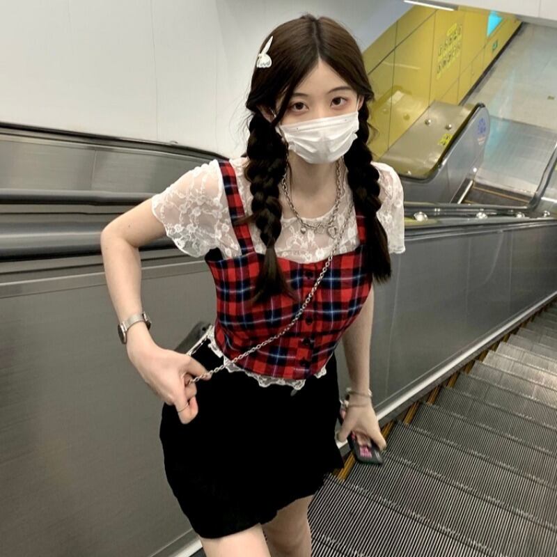 格子柄サマースタンダードスタイルショートトップス レトロ 夏物 YY-ファッション74560739279