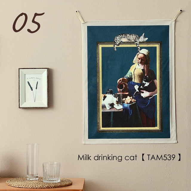 ファブリックポスター アート 猫 Milk drinking cat