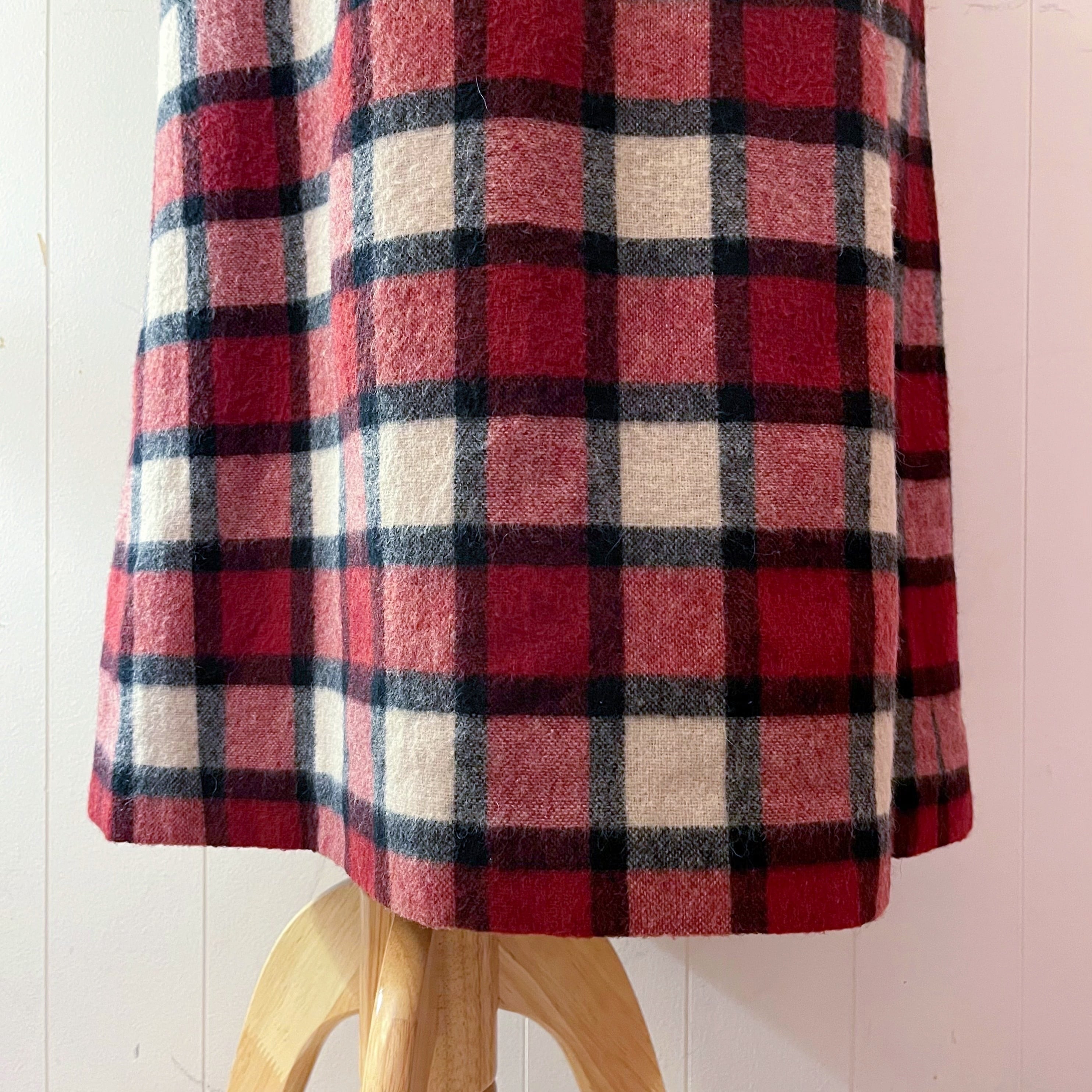 red block check wool long skirt