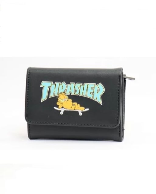 THRASHER×GARFIELD (スラッシャー×ガーフィールド) 三つ折り財布 ミニウォレット ブラック/グリーン GA-TH2109A