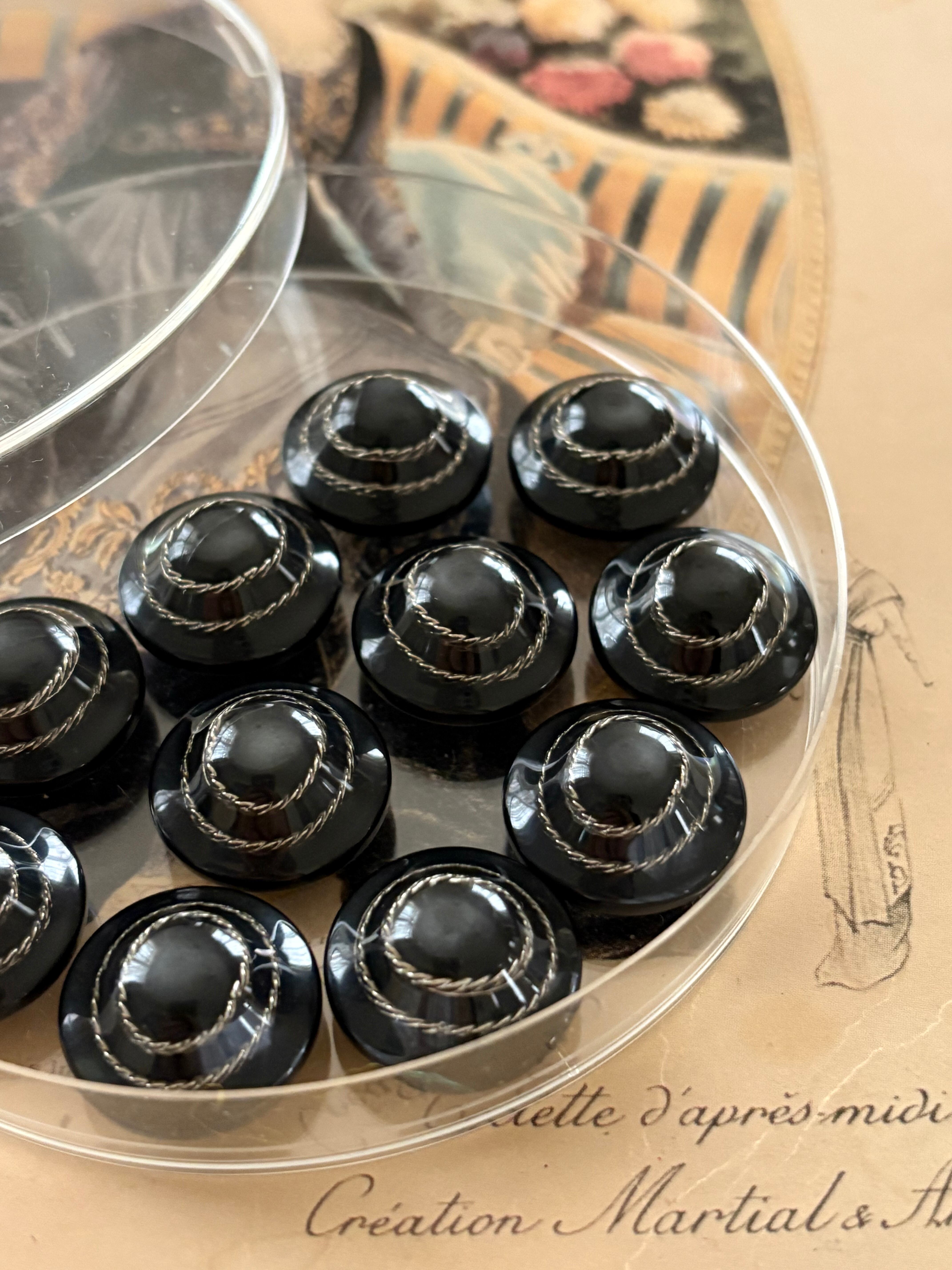 イタリア Vintage ヴィンテージボタン 17mm デッドストック ブラック×シルバー ドーム型 アクセサリーパーツ デコレーション材