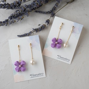 【*Hanairo】つまみ細工のぷっくりゆらゆらフラワー耳飾り(ラベンダー)