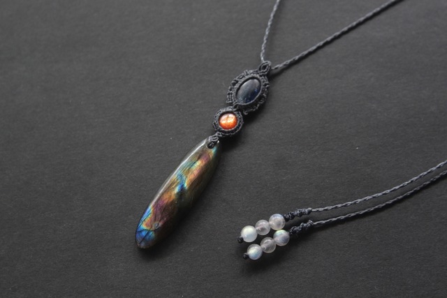 Multi Purple Labradorite & Sunstone & Kyanite micro macrame pendant