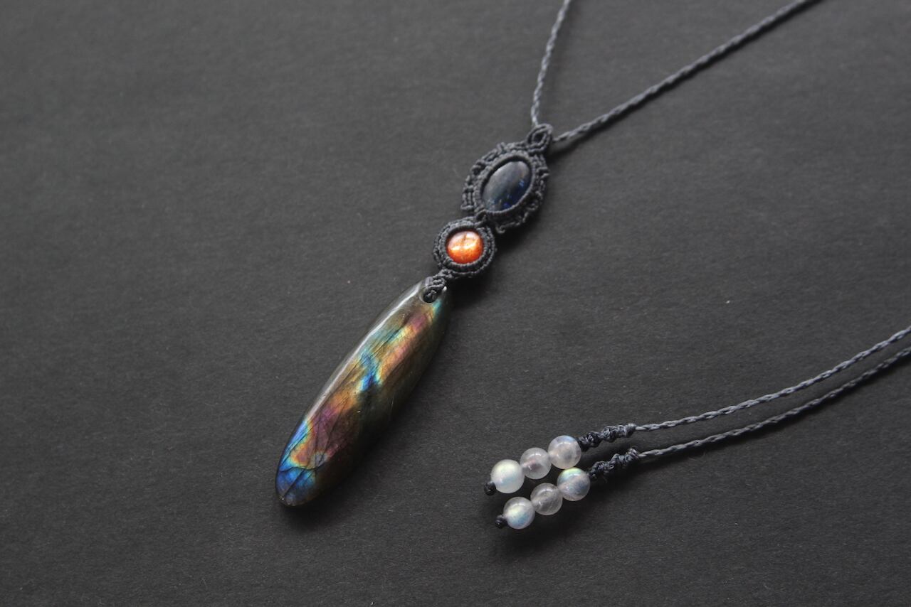 Multi Purple Labradorite & Sunstone & Kyanite micro macrame pendant