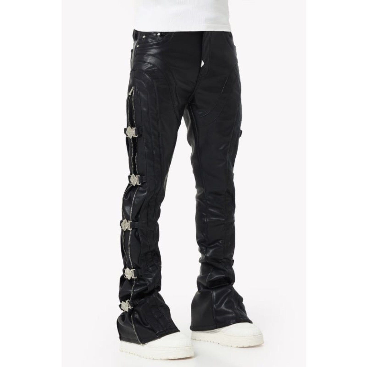 GUAPI / obsidian black buckle leather pants