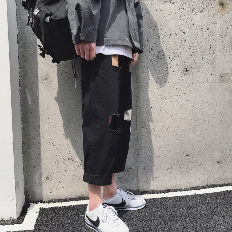 全2色 デニム パンツ ストレート カジュアル ダメージ