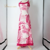 フラダンス 衣装 ワンピース ドレス ホワイト系 トーチジンジャー ハワイ製 モンステラ柄 ハワイアンプリント TorchGinger ハワイアン アロハ フラ ダンス レッスン 練習 ピンク系 白 ピンク フリル キャミソールドレス 付け袖 かわいい おしゃれ 華やか 鮮やか オーガンジー 袖付き 鮮やかな色合い かわいいデザイン フラ教室