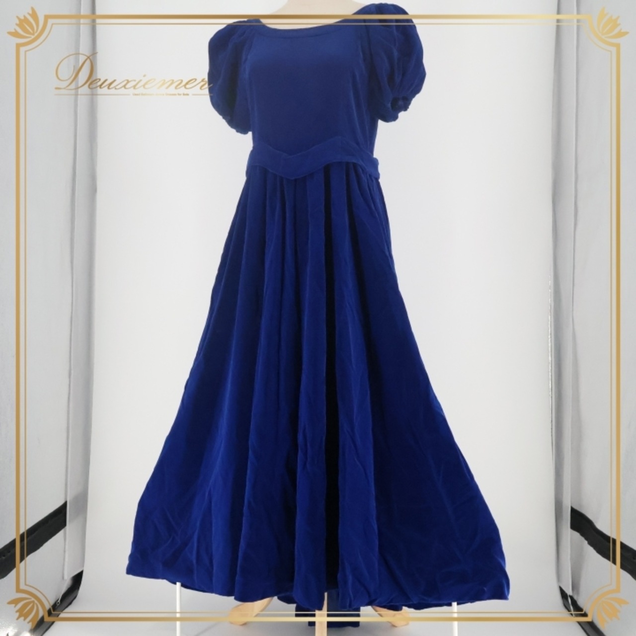 フラダンス 衣装 ワンピース ドレス ブルー系 ロングワンピース ベロア生地 パフスリーブ アシンメトリー 切り返し かわいい 上品 高級感 ツヤ感 豪華 綺麗 華やか ハワイアン アロハ フラ ダンス レッスン 練習 ドレスアップ シンプル エレガント